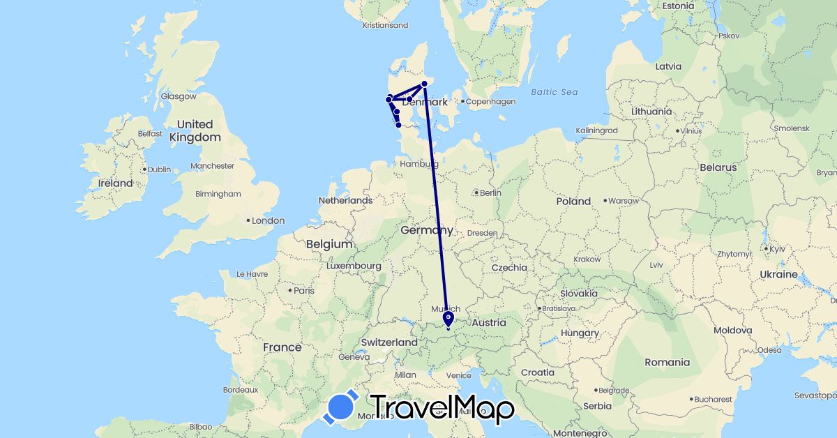 TravelMap itinerary: driving in Austria, Germany, Denmark (Europe)